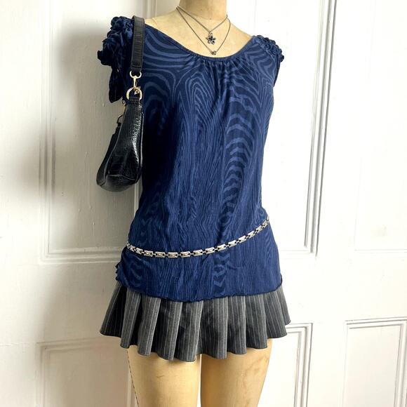 Testament Blue/Navy retro printed y2k short sleeve top with ruffled sleeves S - Picture 2 of 6